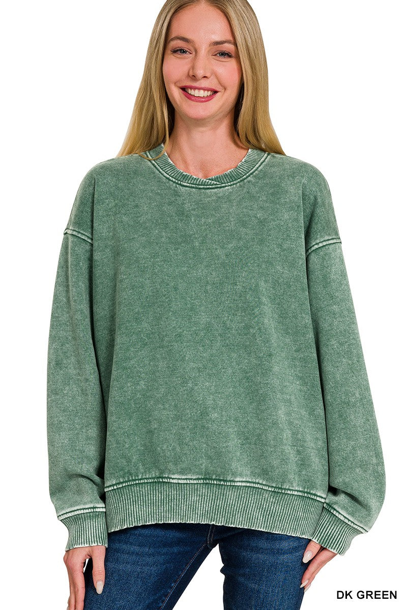 Acid Wash Oversized Fleece Pullover DK GREEN