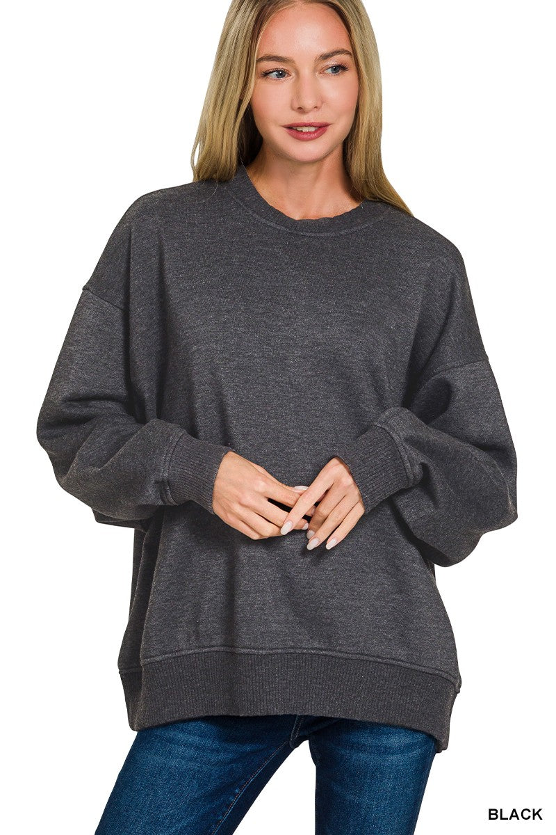 Acid Wash Oversized Fleece Pullover BLACK