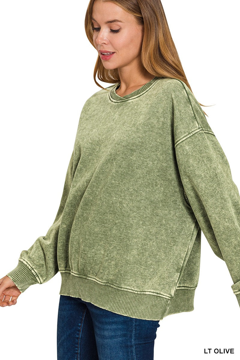 Acid Wash Oversized Fleece Pullover LT OLIVE