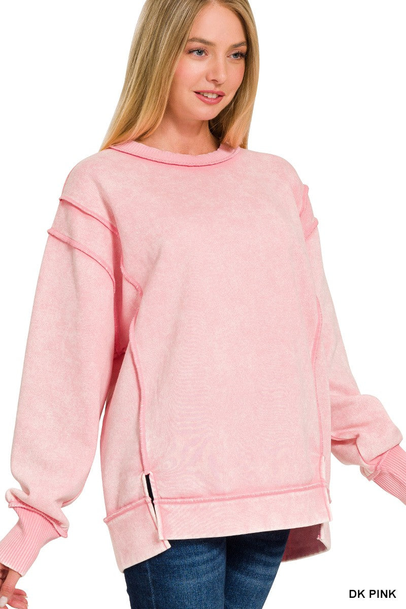 Acid Wash Exposed-seam Fleece Sweatshirt DK PINK