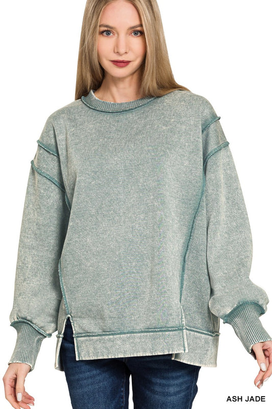 Acid Wash Exposed-seam Fleece Sweatshirt ASH JADE