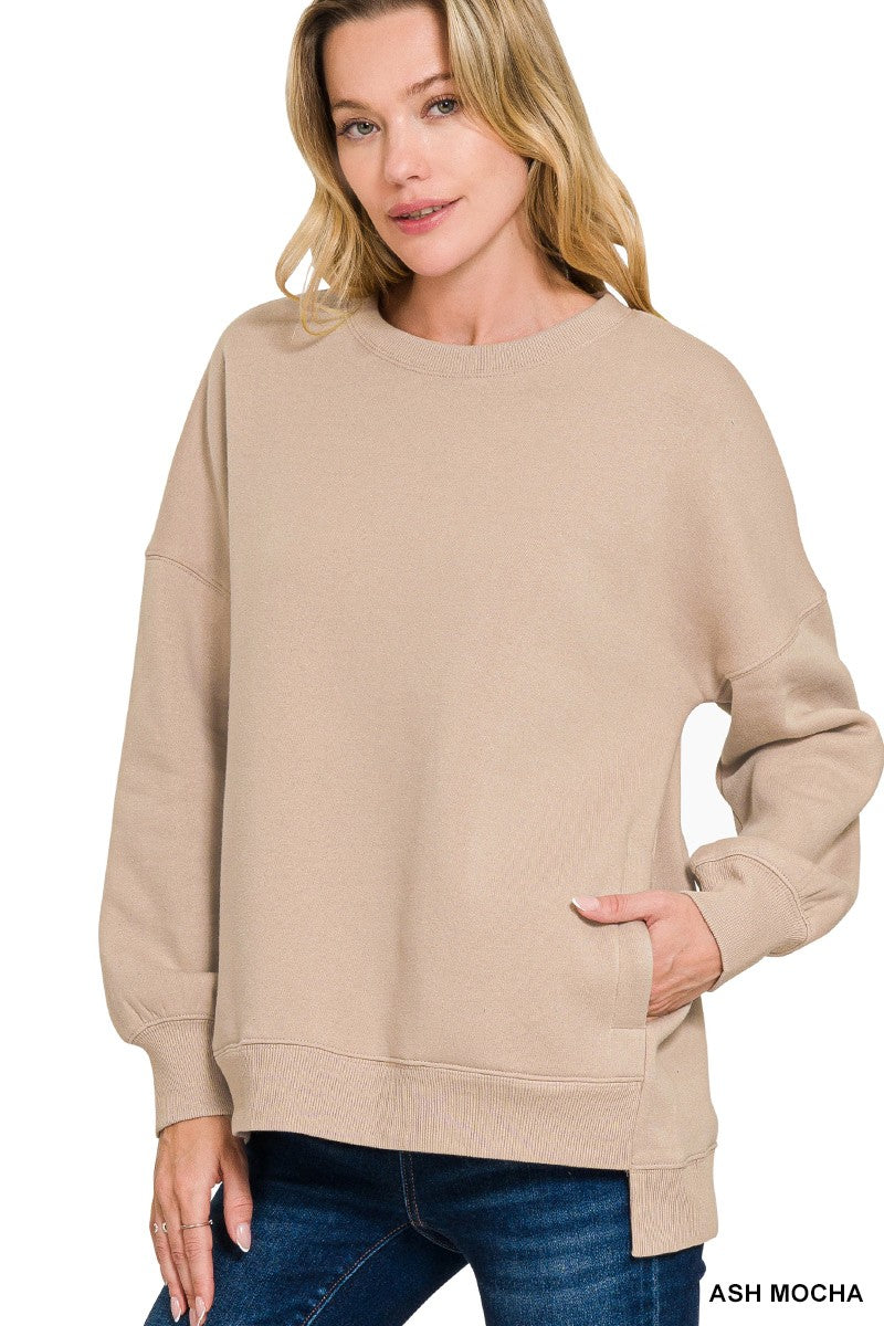 Fleece Hi-low Boyfriend Sweatshirts With Pockets ASH MOCHA