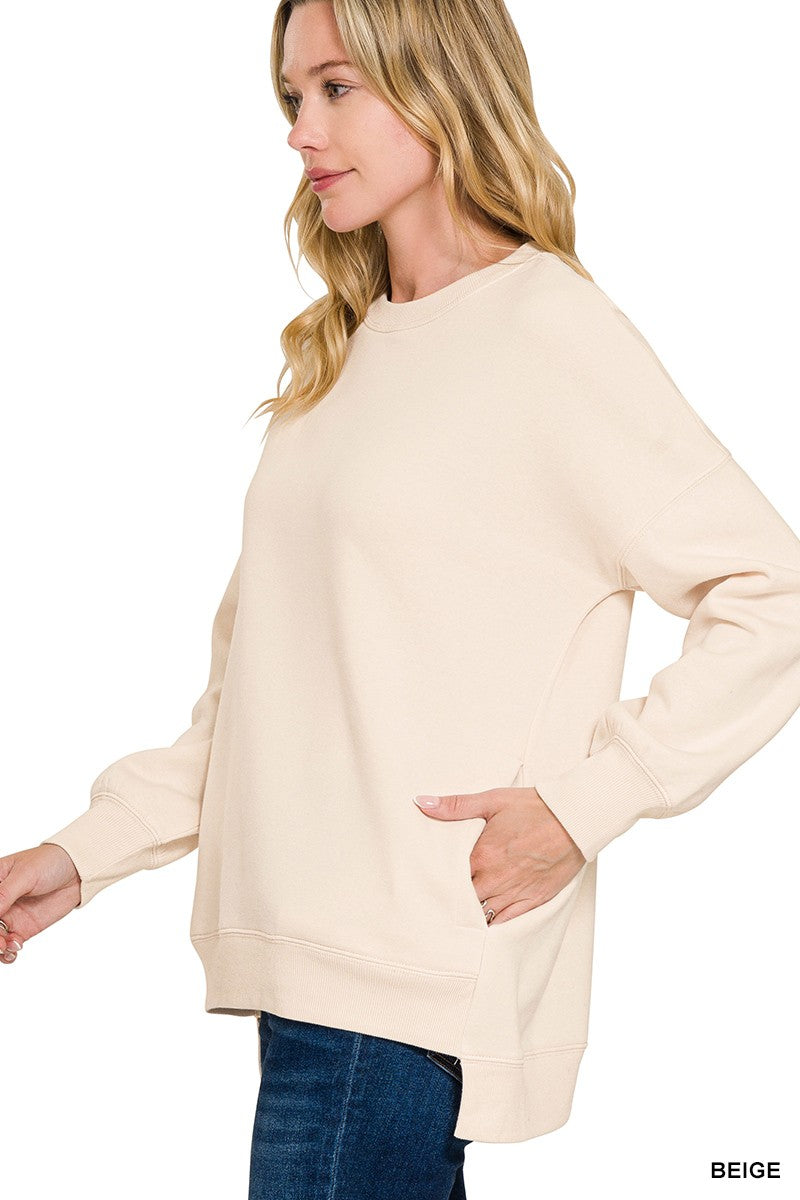 Fleece Hi-low Boyfriend Sweatshirts With Pockets BEIGE