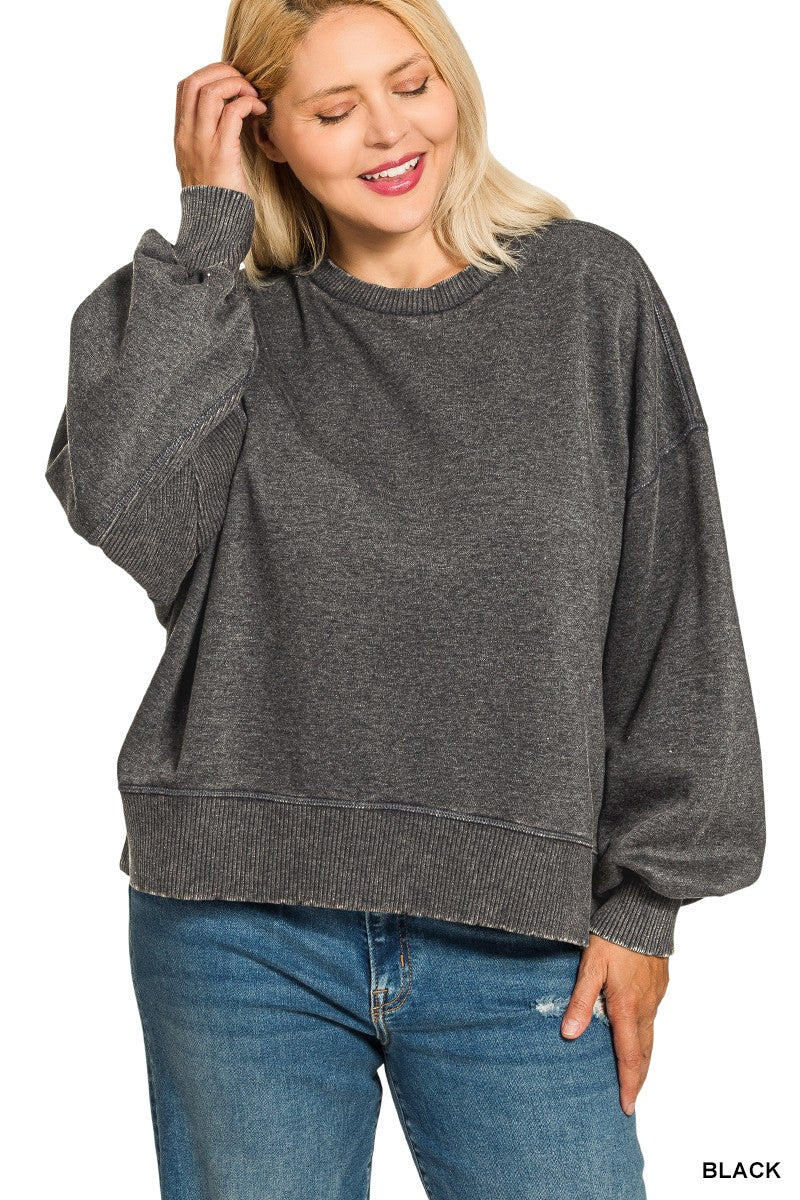 Plus Acid Wash Fleece Oversized Pullover BLACK