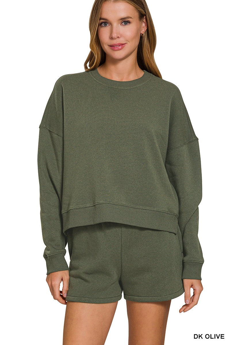 Fleece Long Sleeve Sweatshirts & Shorts Set DK OLIVE
