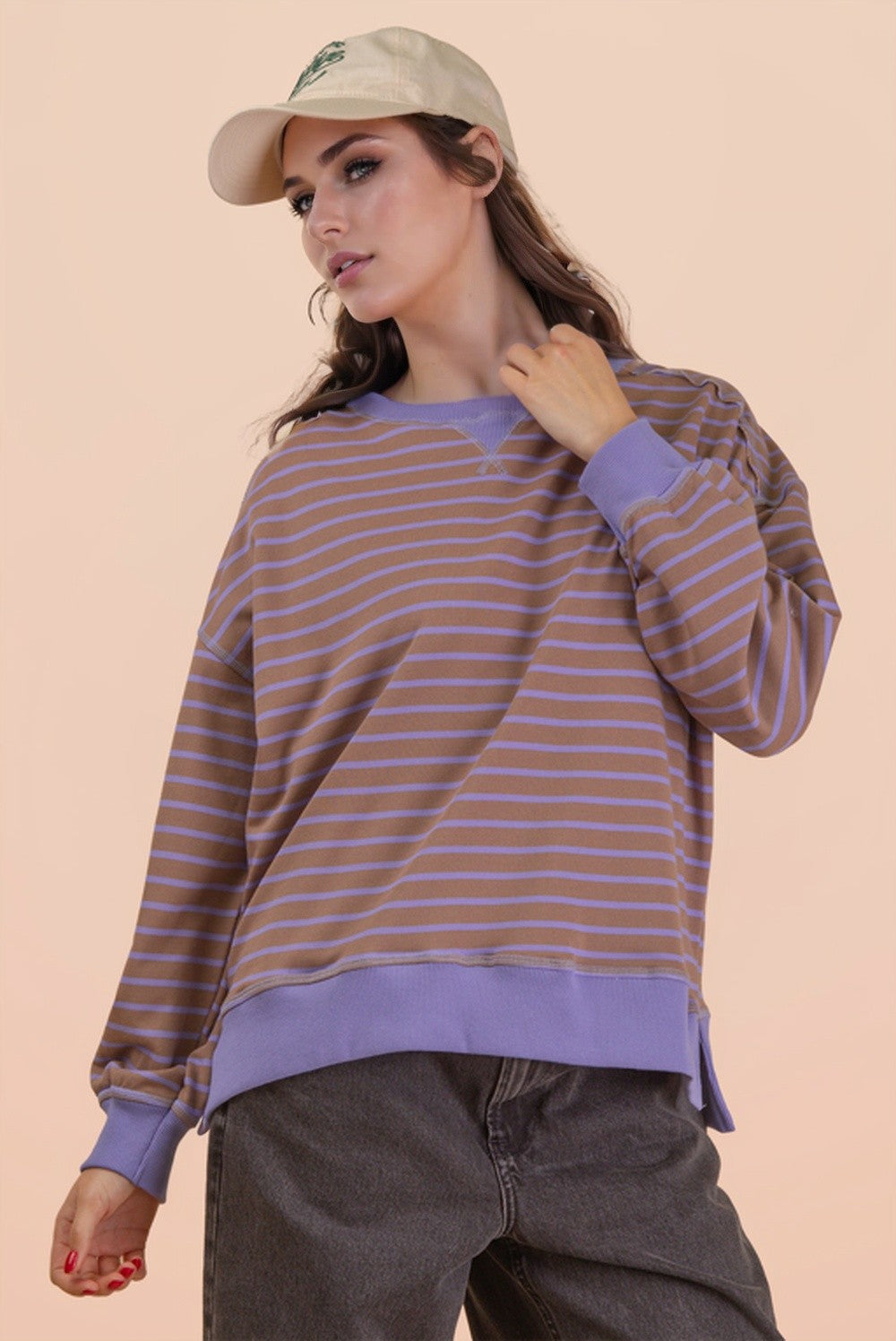 Stripe Comfy Casual Oversized Knit Top MOCHA LAVENDER