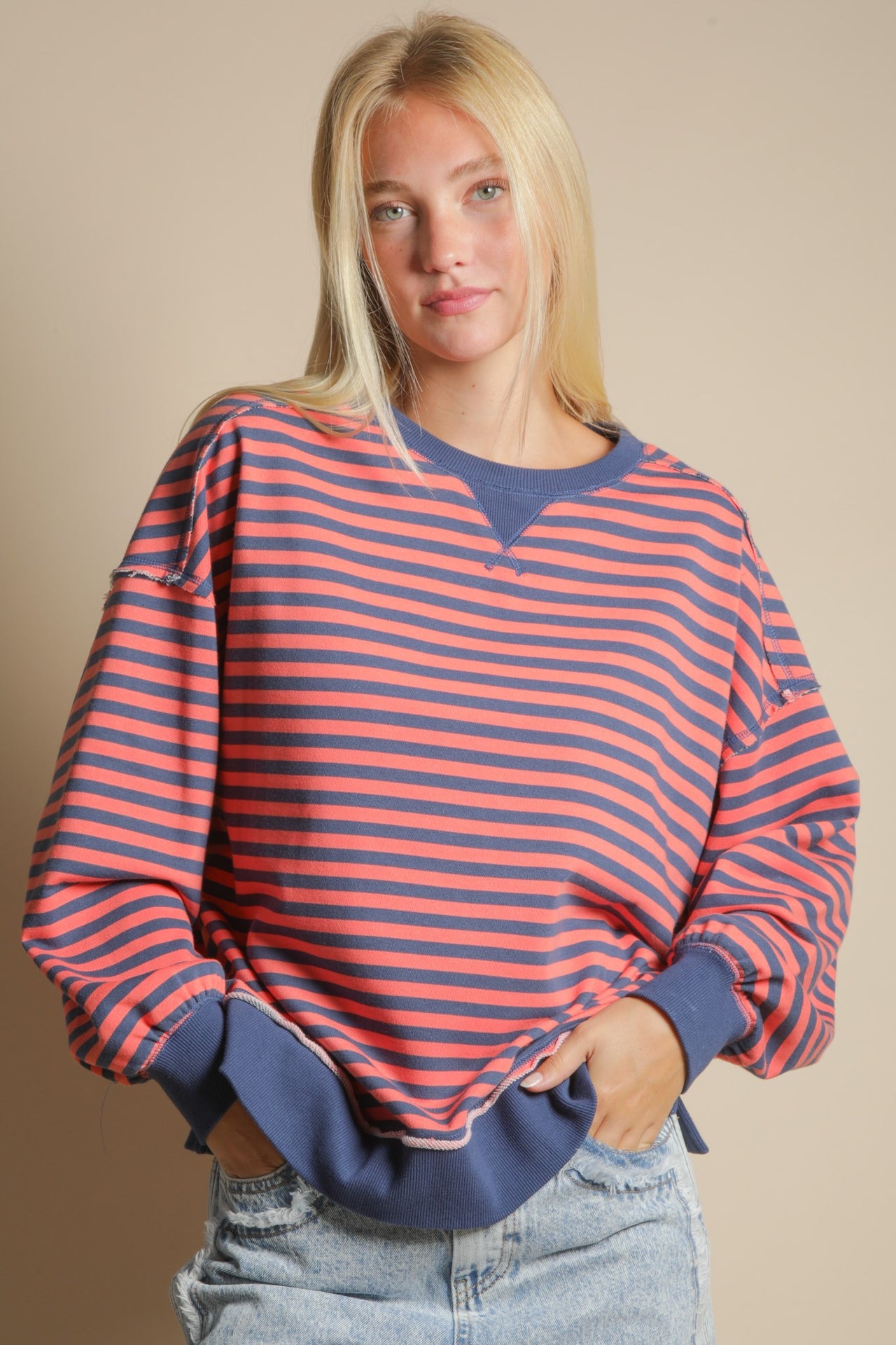 Stripe Comfy Casual Oversized Knit Top CORAL NAVY