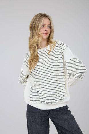 Contrast Stripe Raw Edge Long Sleeve Knit Top IVORY