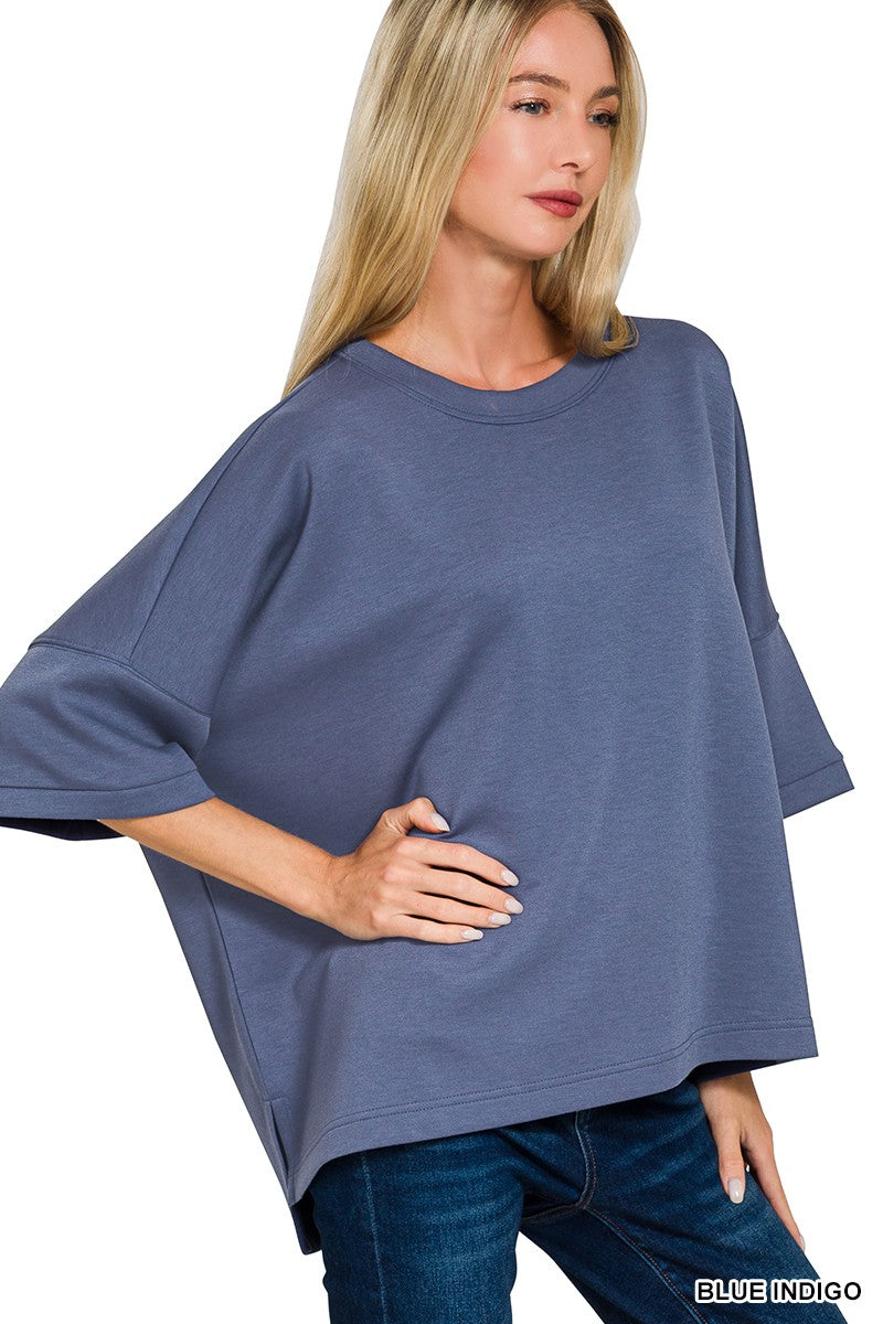 Scuba Round Neck Top With Side Slits BLUE INDIGO