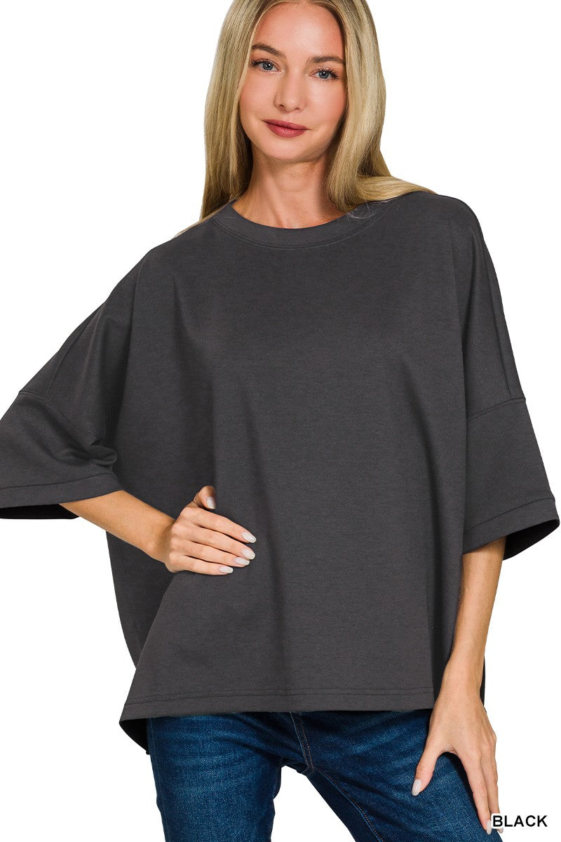 Scuba Round Neck Top With Side Slits BLACK