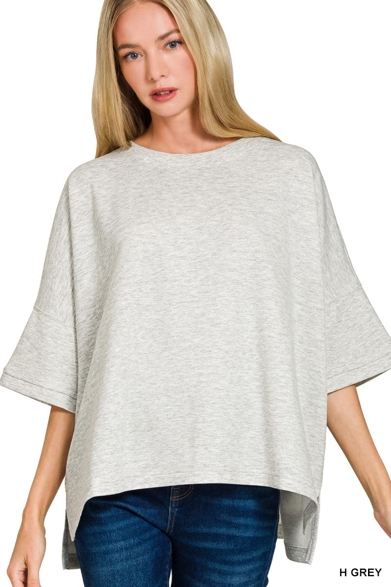 Scuba Round Neck Top With Side Slits HEATHER GREY