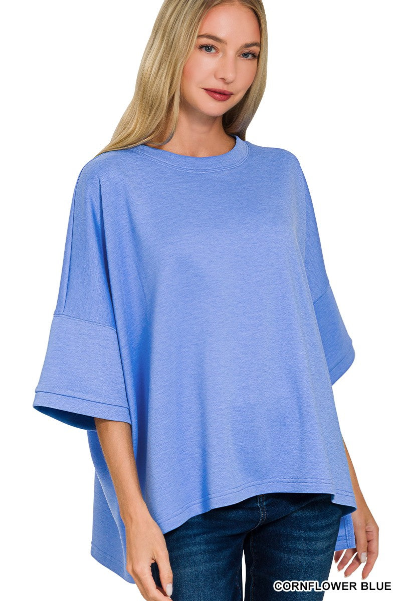 Scuba Round Neck Top With Side Slits CORNFLOWER BLUE