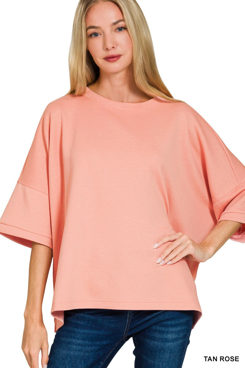 Scuba Round Neck Top With Side Slits TAN ROSE