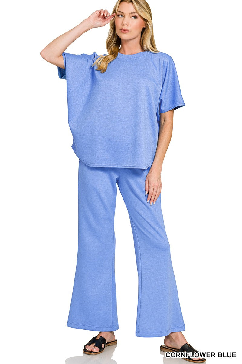 Scuba Curbed Hem Top & Pants Set CORN FLOWER