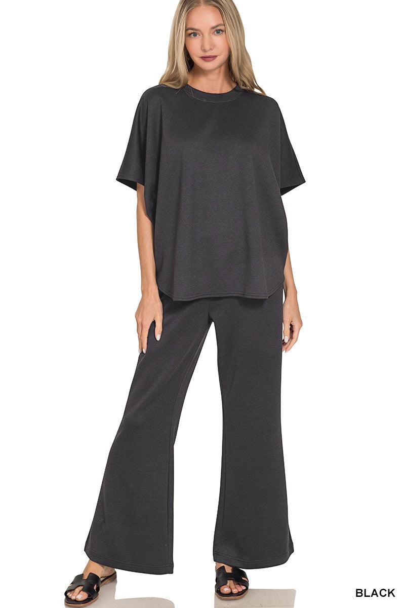 Scuba Curbed Hem Top & Pants Set BLACK