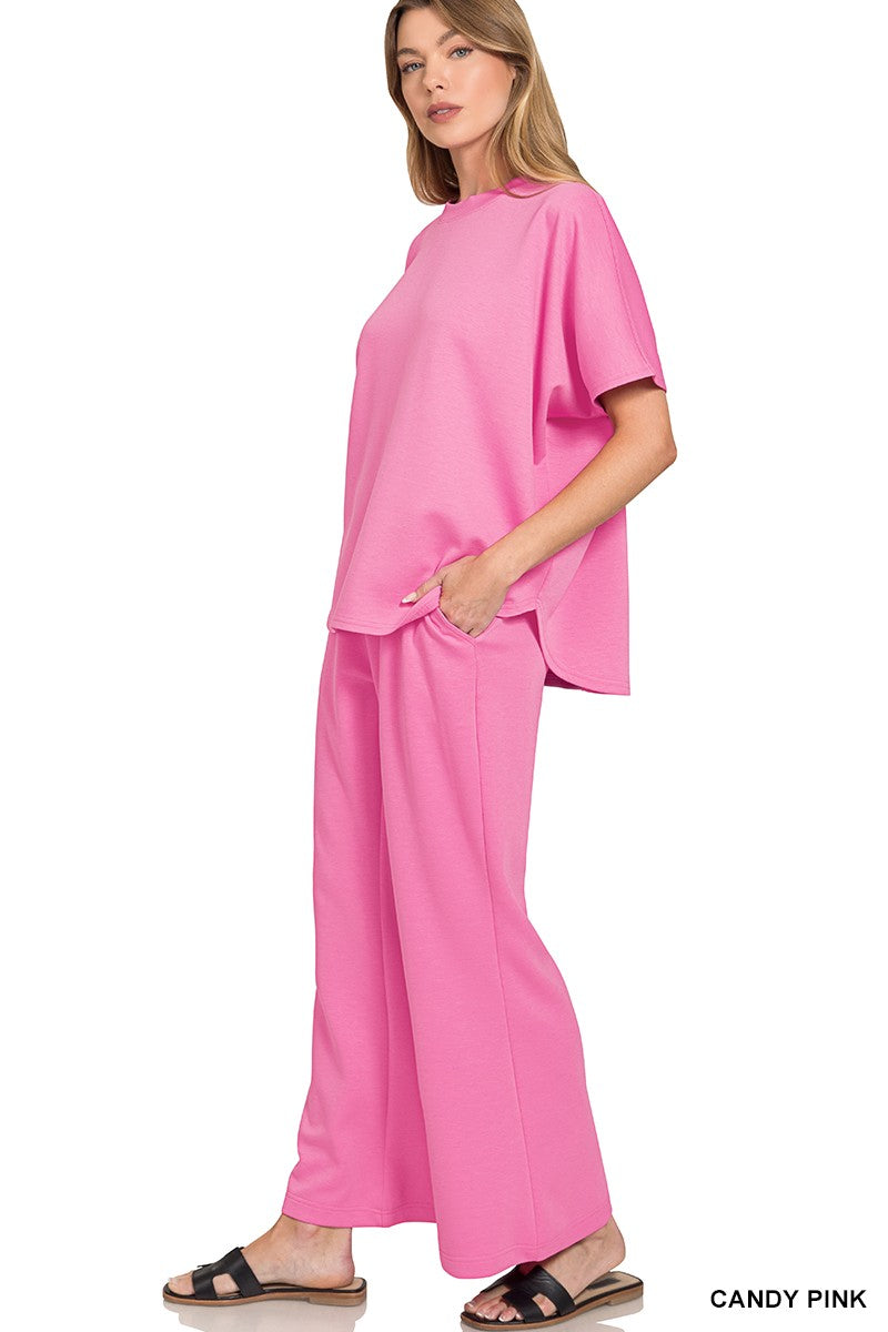 Scuba Curbed Hem Top & Pants Set CANDY PINK