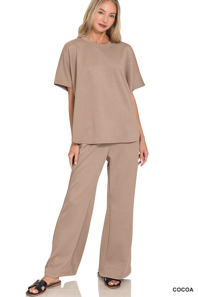 Scuba Curbed Hem Top & Pants Set COCOA