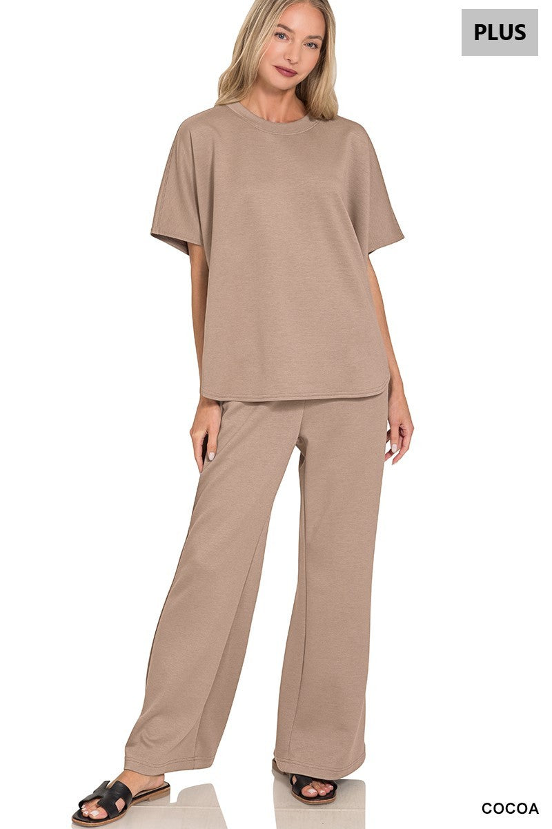 Plus Scuba Curbed Hem Top & Pants Set COCOA