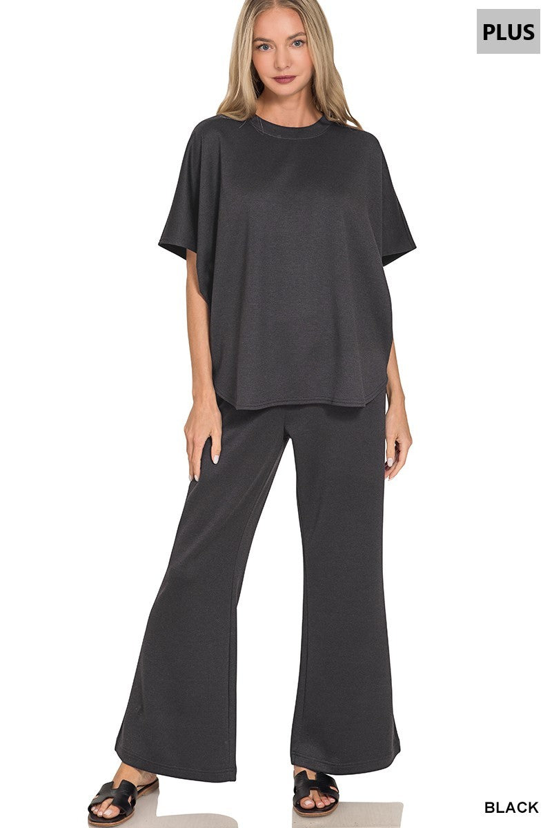 Plus Scuba Curbed Hem Top & Pants Set BLACK