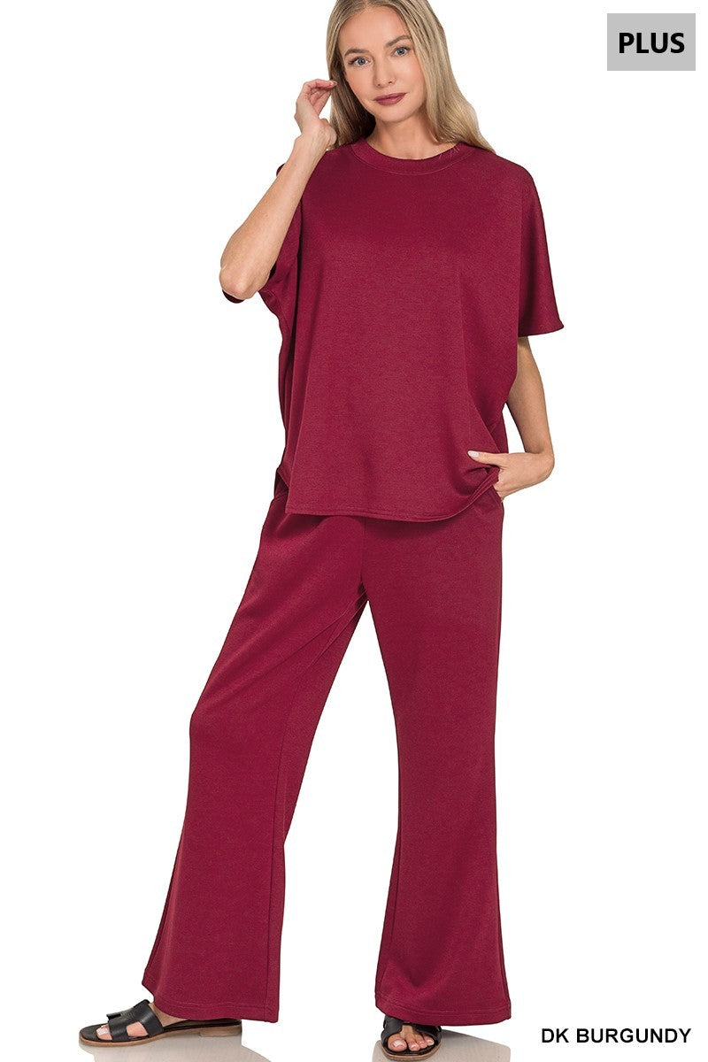 Plus Scuba Curbed Hem Top & Pants Set DR BURGUNDY