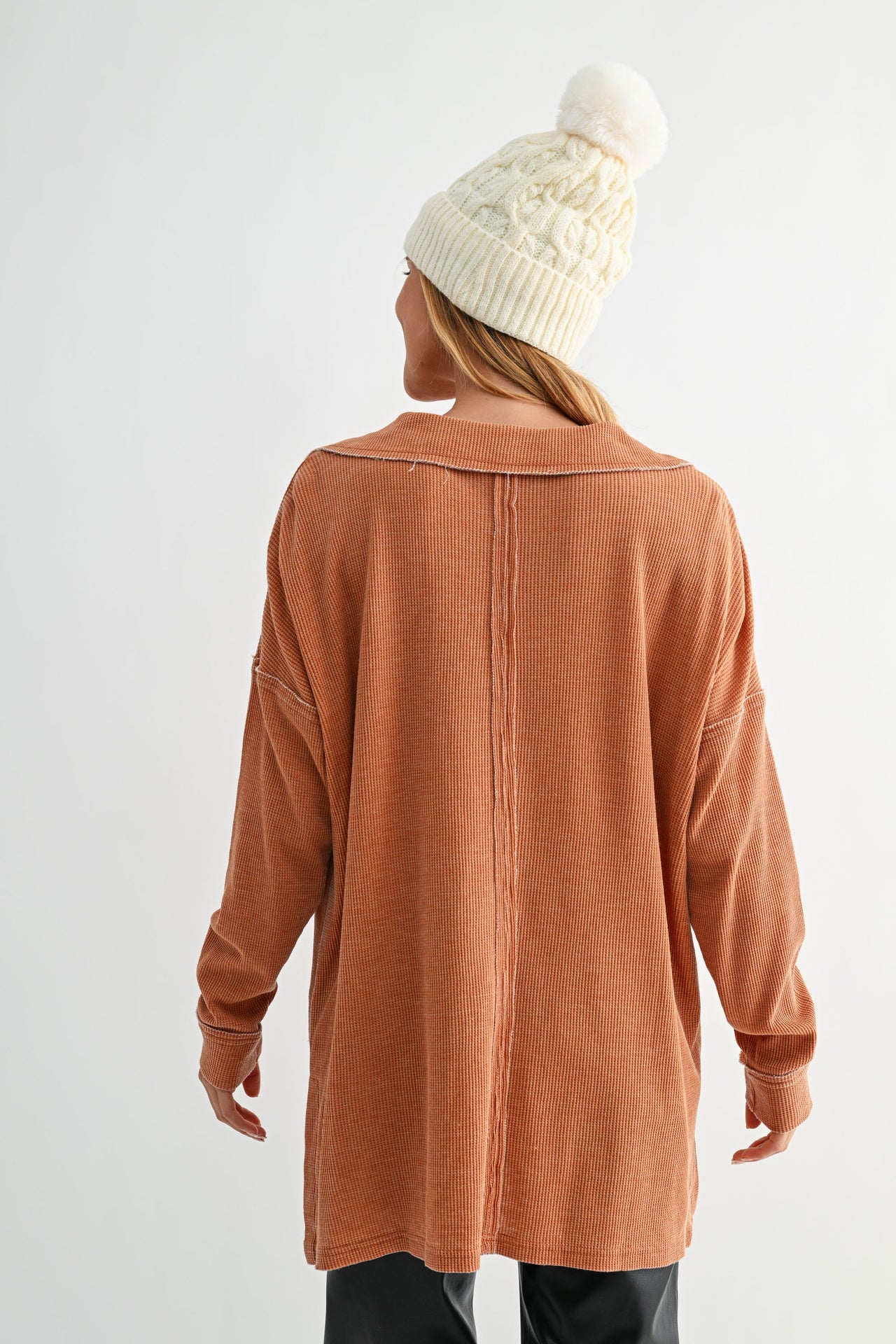 Cotton Blend Waffle Long Sleeve BURNT ORANGE