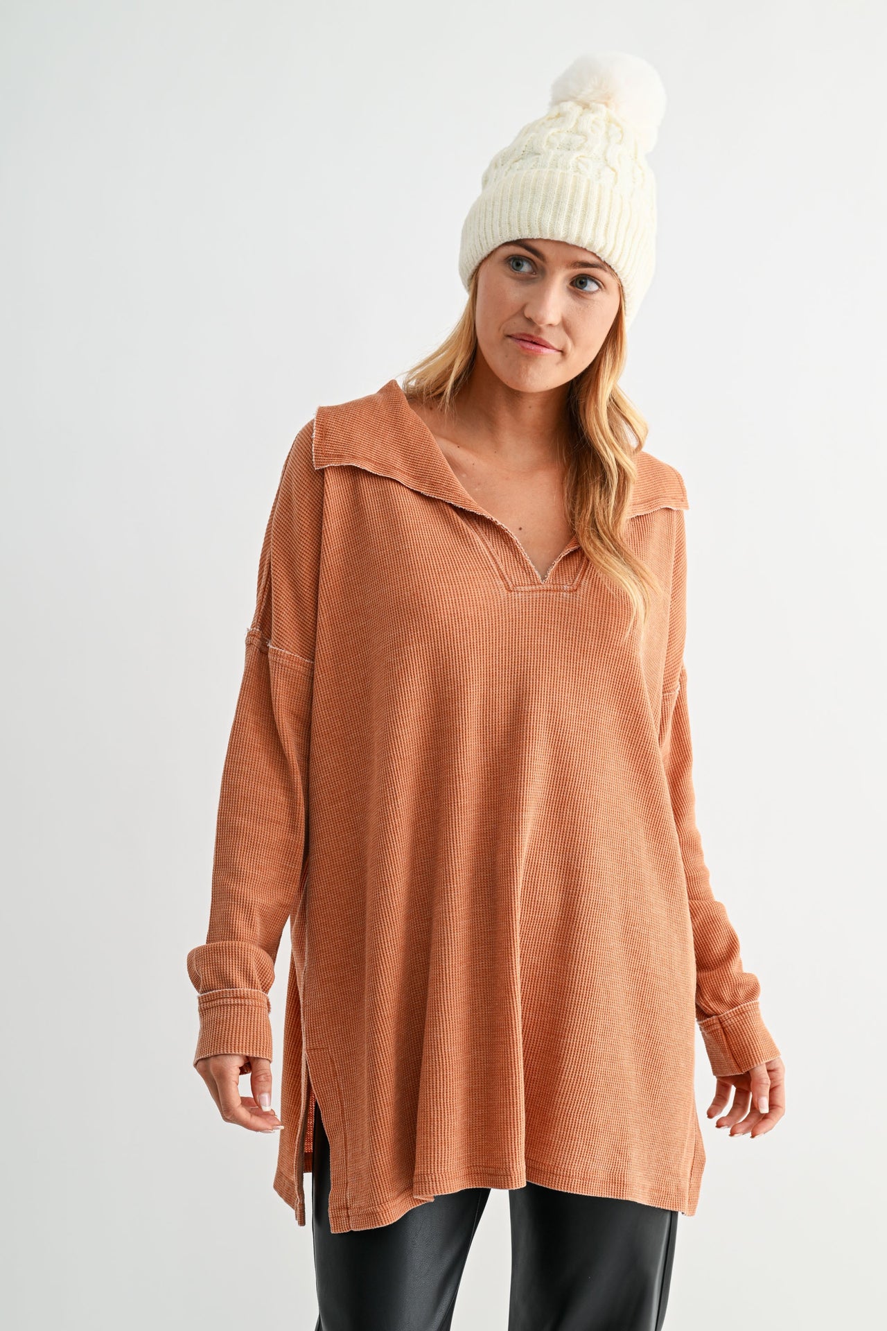 Cotton Blend Waffle Long Sleeve BURNT ORANGE