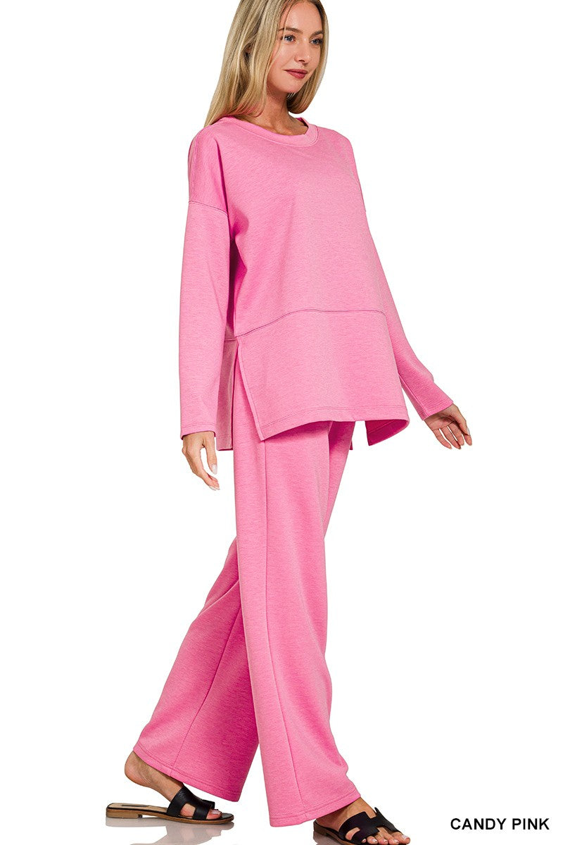 Scuba Side Slit Top & Pants Set CANDY PINK