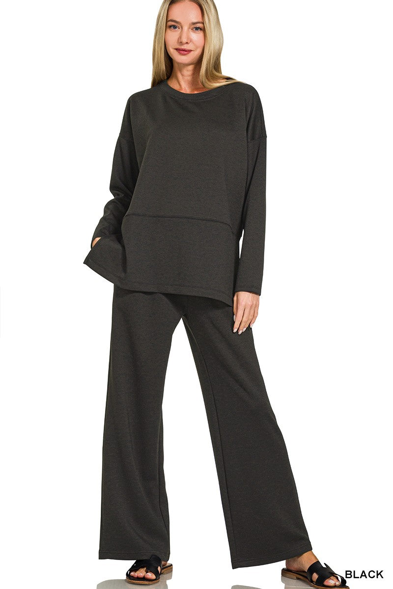 Scuba Side Slit Top & Pants Set BLACK