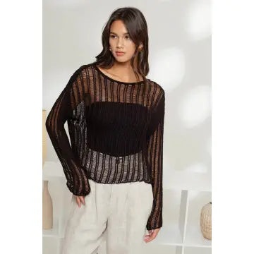 Sheer Crochet Ladder Knit Pullover Sweater