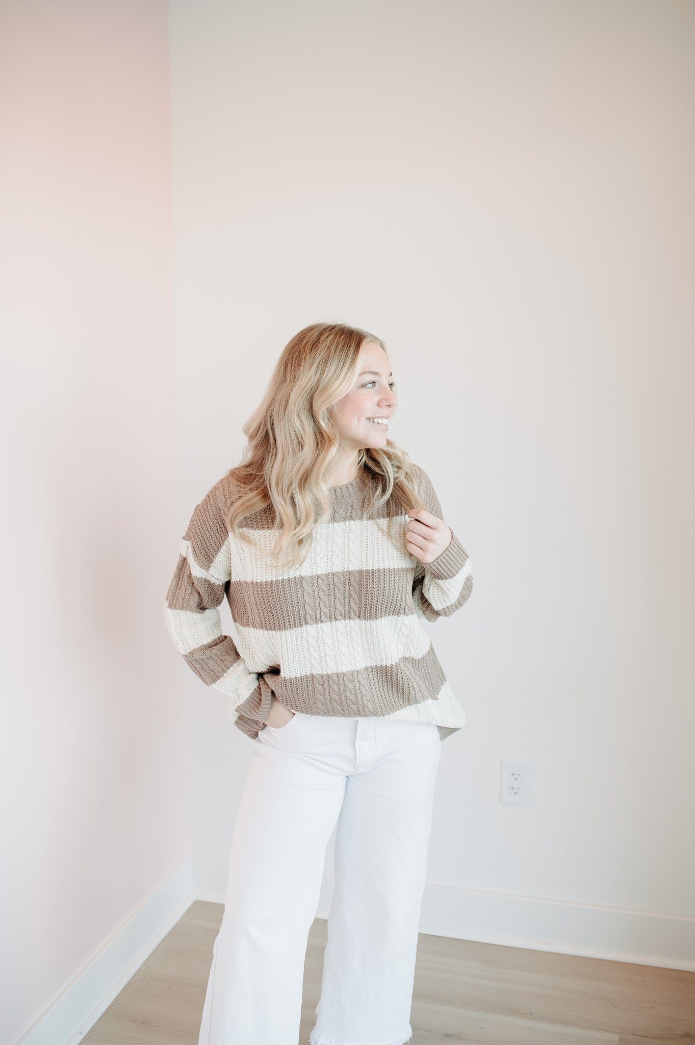 Striped Cable Knit Crew Neck Sweater