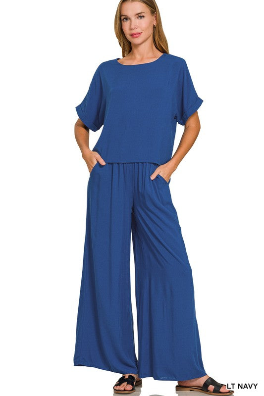 Woven short sleeve & long pant set