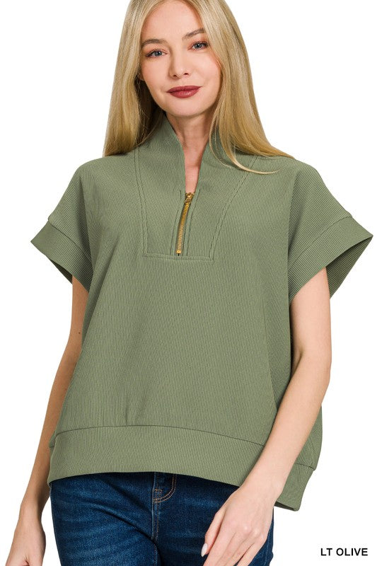 Ribbed high neck half zip top