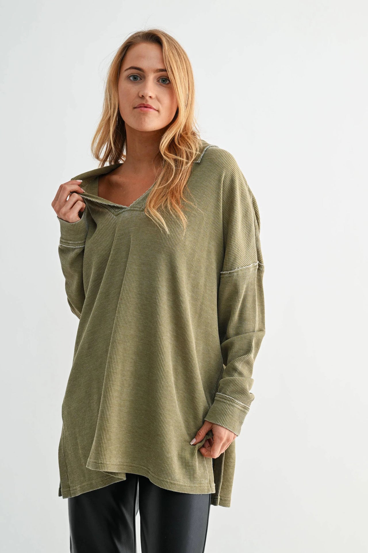 Cotton Blend Waffle Long Sleeve GREEN