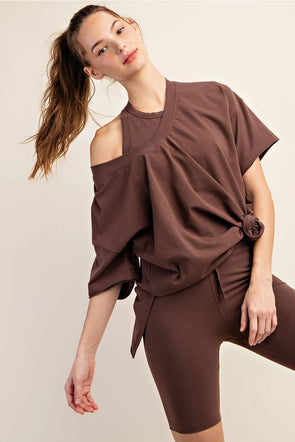 Cotton Lycra Oversized V Neck Reversible Short Sleeve Top BROWN