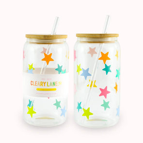 16oz Clear Glass Tumbler with Bamboo Lid | Rainbow Stars