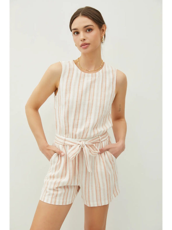 Linen Blend Belted Striped Romper Sandstone