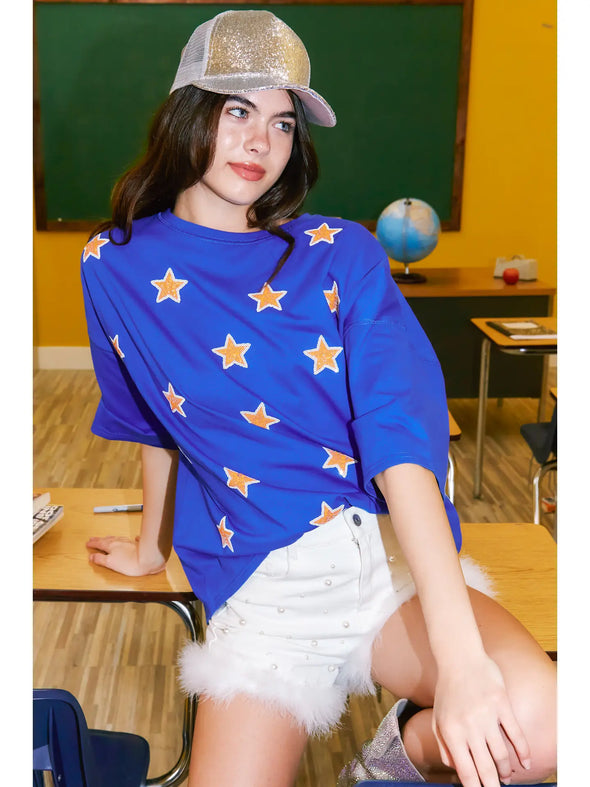 sequin star top blue orange