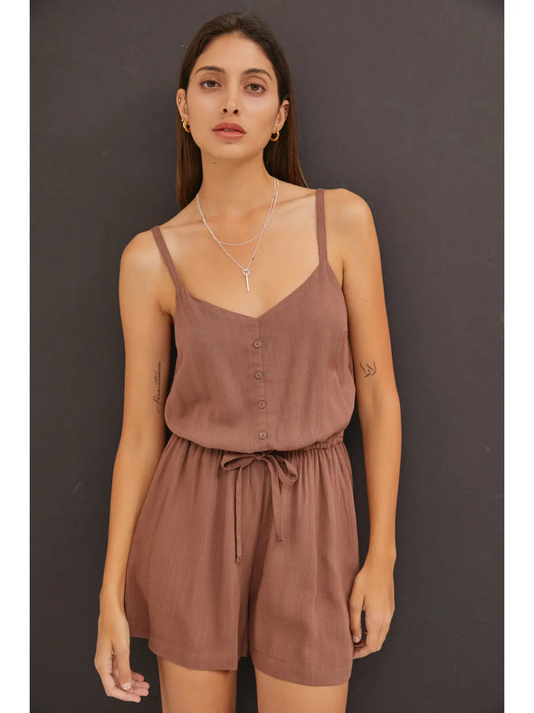 Solid Drawstring Waist Romper Brown