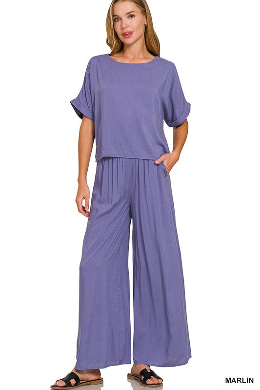 Woven short sleeve & long pant set