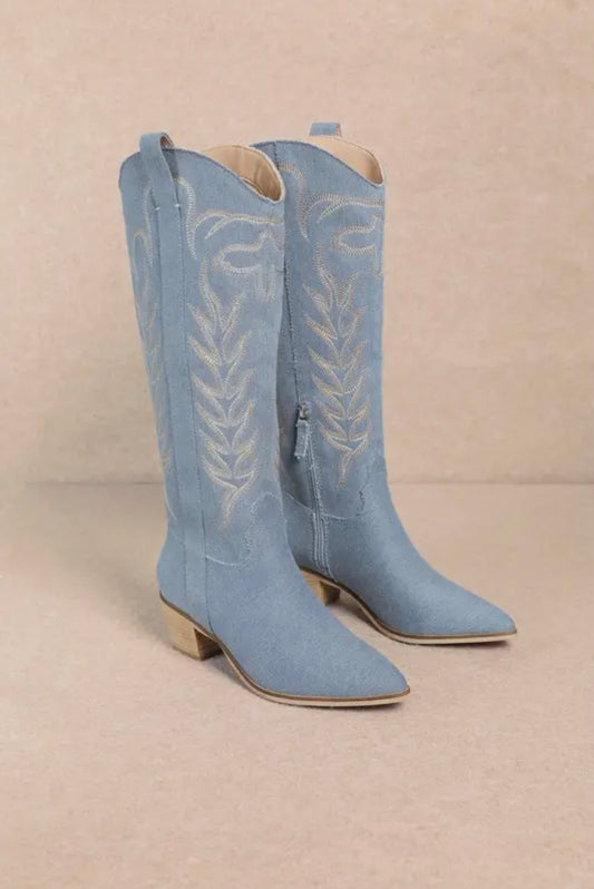 inlay denim boots