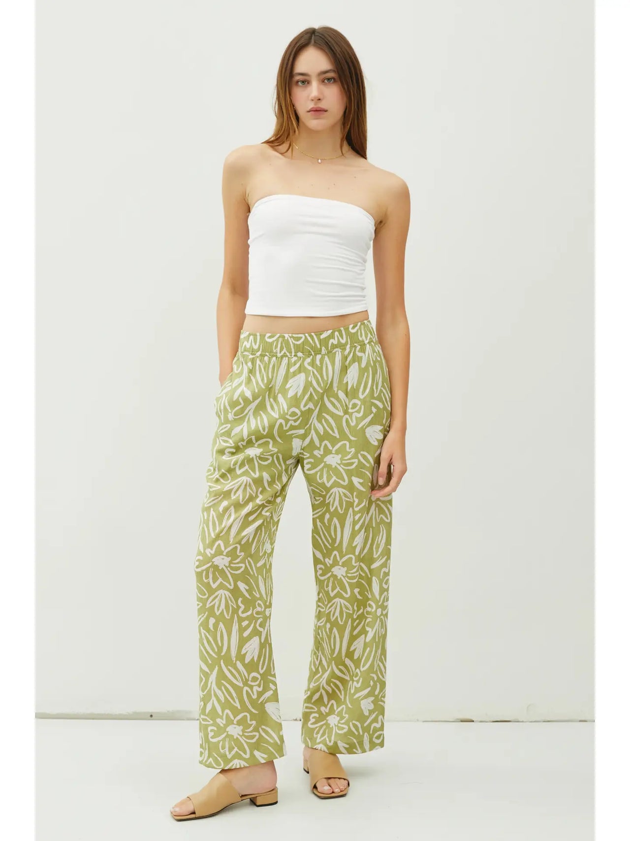 Lightweight Rayon Blend Pull On Wide Leg Pants Lime Print
