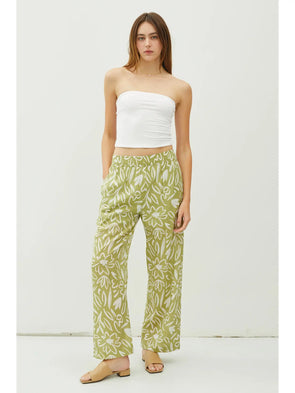 Lightweight Rayon Blend Pull On Wide Leg Pants Lime Print