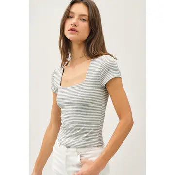 Ultra Soft Double Lined Striped Square Neck Top H GREY