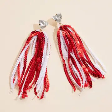 Sequined Tassels Glass Charm Dangling Earrings RED WHITE