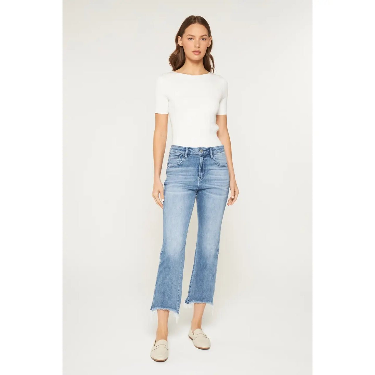 High Rise Cropped Jeans with Raw Hem