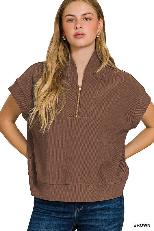 Ribbed high neck half zip top
