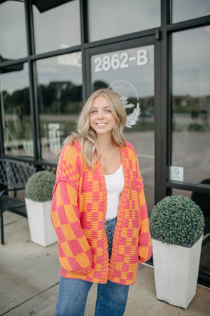 gina pink checker cardigan