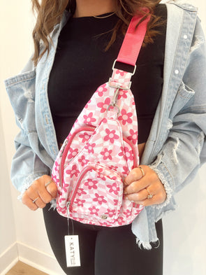 Pink Flower Groovy Checkered Sling Bag for Women