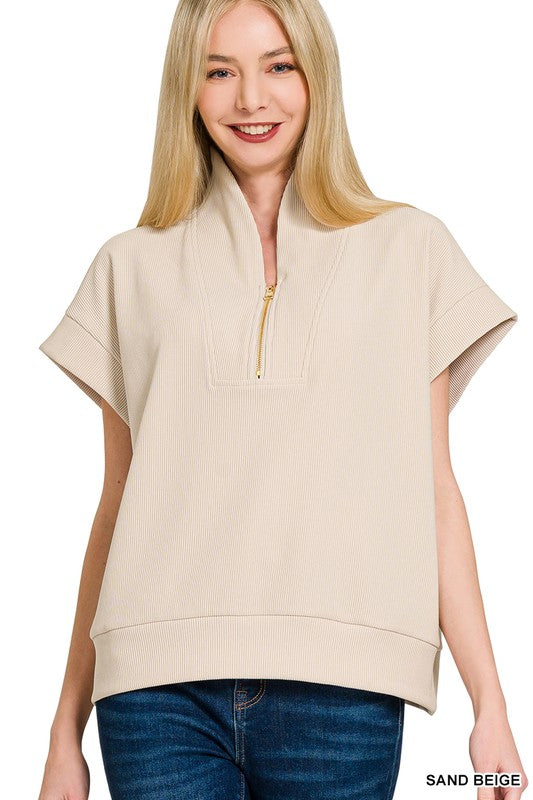 Ribbed high neck half zip top