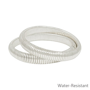 Water-Resistant Silver Ribbed Textured 10mm Set of 2 Stretch Bracelets
